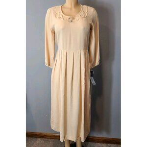 Vtg Carol Anderson Cream Dress Sz 4P Cottage 3D Rose New Pleated 90s Whimsical